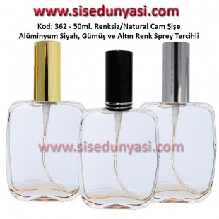 PARFÜM ŞİŞESİ YASSI KÖŞELİ METAL SPREYLİ 50ml Kod: 362 