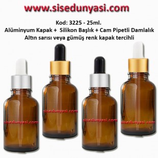 Cam Pipetli Damlalıklı Amber Renk Cam Şişe 25ml Kod: 3225