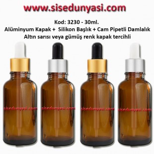 Cam Pipetli Damlalıklı Amber Renk Cam Şişe 30ml Kod: 3230