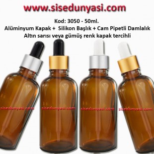 Cam Pipetli Damlalıklı Amber Renk Cam Şişe 50ml Kod: 3050