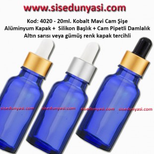 Kobalt Mavi Renk Cam Pipetli Damlalıklı Cam Şişe 20ml Kod: 4020