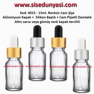 Cam Pipetli Damlalıklı Renksiz Cam Şişe 15ml Kod: 4015