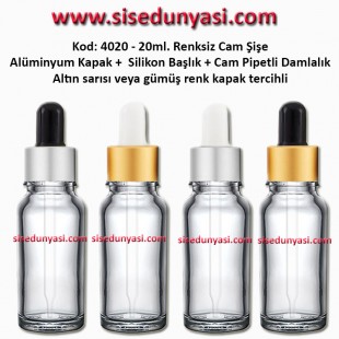 Cam Pipetli Damlalıklı Renksiz Cam Şişe 20ml Kod: 4020