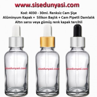 Cam Pipetli Damlalıklı Renksiz Cam Şişe 30ml Kod: 4030