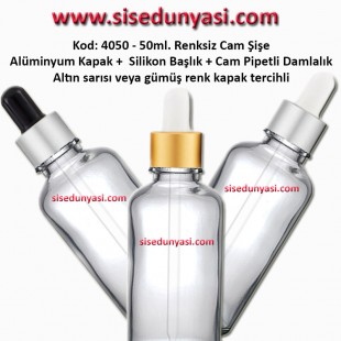 Cam Pipetli Damlalıklı Renksiz Cam Şişe 50ml Kod: 4050