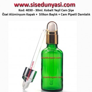 Kobalt Yeşil Renk Cam Pipetli Damlalıklı Cam Şişe 30ml Kod: 4030