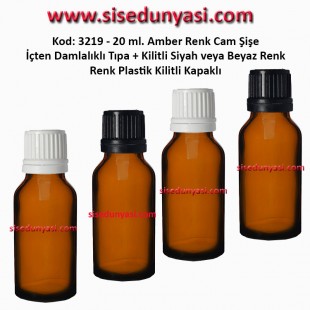 İçten Damlalıklı Tıpalı Amber Cam Şişe 20ml Kod: 3219