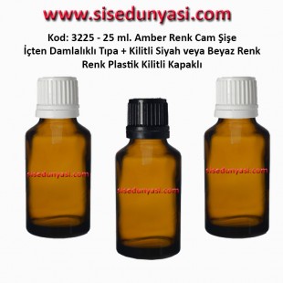 İçten Damlalıklı Tıpalı Amber Cam Şişe 25ml Kod: 3225