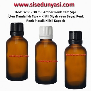 İçten Damlalıklı Tıpalı Amber Cam Şişe 30ml Kod: 3230