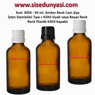 İçten Damlalıklı Tıpalı Amber Cam Şişe 50ml Kod:  3050