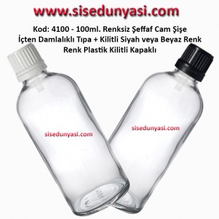 İçten Damlalıklı Tıpalı Renksiz Cam Şişe 100ml Kod: 4100