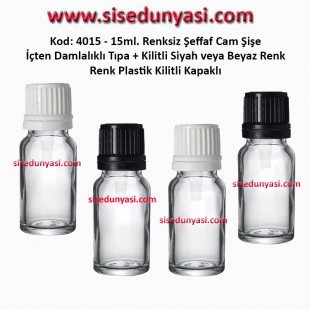 İçten Damlalıklı Tıpalı Renksiz Cam Şişe 15ml Kod: 4015