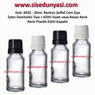 İçten Damlalıklı Tıpalı Renksiz Cam Şişe 20ml Kod: 4020