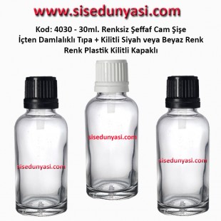 İçten Damlalıklı Tıpalı Renksiz Cam Şişe 30ml Kod: 4030