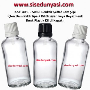 İçten Damlalıklı Tıpalı Renksiz Cam Şişe 50ml Kod: 4050