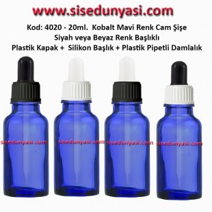 Kobalt Mavi Renk Plastik Pipetli Damlalıklı Cam Şişe 20ml Kod: 4020