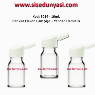 10ml. Yandan Damlalıklı Flakon Renksiz Cam Şişe Kod: 3014 