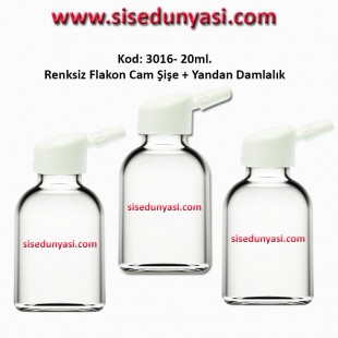 20/25ml. Yandan Damlalıklı Flakon Renksiz Cam Şişe Kod: 3016  