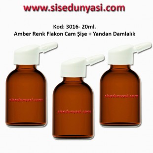 20/25ml. Yandan Damlalıklı Flakon Amber Cam Şişe Kod: 3016  