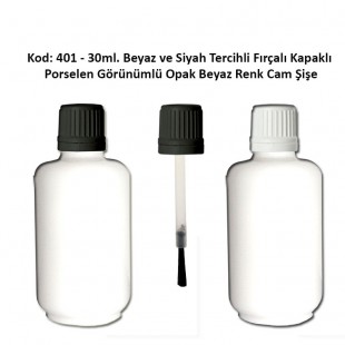 30ml. Opak Beyaz Cam Şişe Fırçalı Kapaklı Kod 401