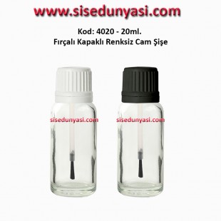 20ml. Renksiz Cam Şişe Fırçalı Kapaklı Kod 4020