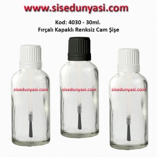 30ml. Renksiz Cam Şişe Fırçalı Kapaklı  Kod 4030