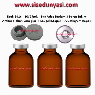 20/25ml. Flakon Amber Cam Şişe + Stoper + Alüminyum Kapsül Kapak