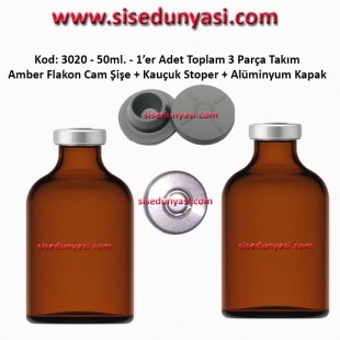 50ml. Flakon Amber Cam Şişe + Stoper + Alüminyum Kapsül Kapak