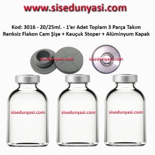 20/25ml. Flakon Cam Şişe + Stoper + Alüminyum Kapsül Kapak