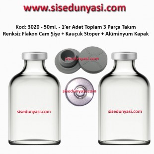 50ml. Flakon Cam Şişe + Stoper + Alüminyum Kapsül Kapak