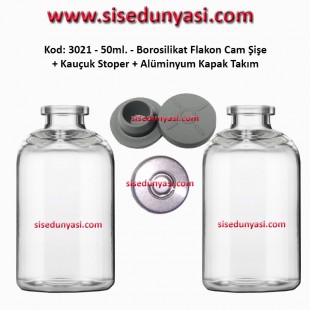 50ml. Borosilikat Renksiz Cam Şişe + Stoper + Alüminyum Kapsül Kapak