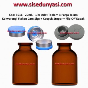 20/25ml. Flakon Amber Cam Şişe + Stoper + Flip Off Kapak