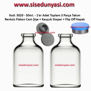 50ml. Flakon Renksiz Cam Şişe + Stoper + Flip Off Kapak