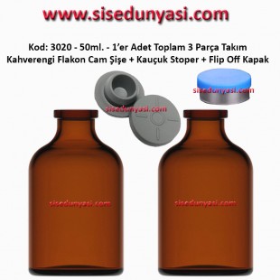 50ml. Flakon Amber Cam Şişe + Stoper + Flip Off Kapak