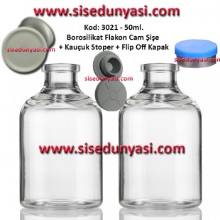 50ml. Borosilikat Cam Şişe + Stoper + Flip Off Kapak