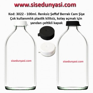 100ml. Kilitsiz Çakma Kapaklı Renksiz Flakon Cam Şişe Kod: 3022 