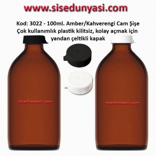 100ml. Kilitsiz Çakma Kapaklı Amber Flakon Şişe Kod: 3022 