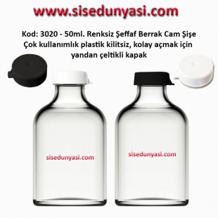 50ml. Kilitsiz Çakma Kapaklı Renksiz Flakon Cam Şişe Kod: 3020 