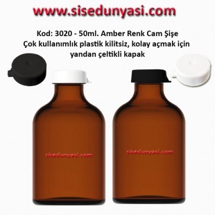 50ml. Kilitsiz Çakma Kapaklı Amber Flakon Şişe Kod: 3020 