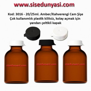 20ml. Kilitsiz Çakma Kapaklı Amber Flakon Şişe Kod: 3016 