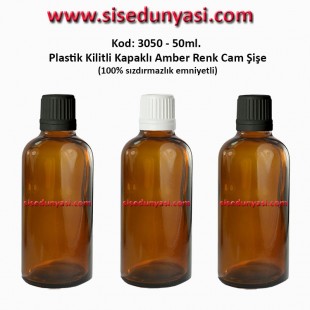 Kilitli Kapaklı Amber Cam Şişe 50ml Kod:  3050