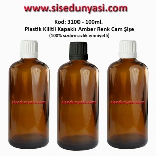 Kilitli Kapaklı Amber Cam Şişe 100ml Kod: 3100