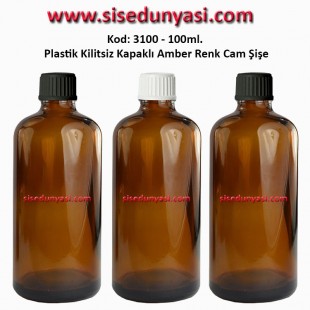 Kilitsiz Kapaklı Amber Cam Şişe 100ml Kod: 3100