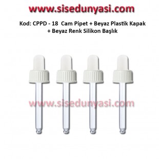 Cam Pipet + Beyaz Plastik Kapak + Beyaz Silikon Başlıklı Damlalık Kod: CPPD-18